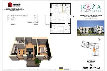 Rzut - Mieszkanie na sprzedaż 2 pokoje o powierzchni 45,17 m² - numer M  24 w Apartamenty Róża