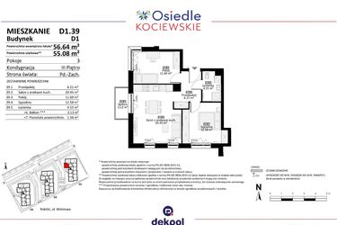 Rzut - Mieszkanie na sprzedaż 3 pokoje o powierzchni 55,08 m² - numer D1.39 w Osiedle Kociewskie etap III