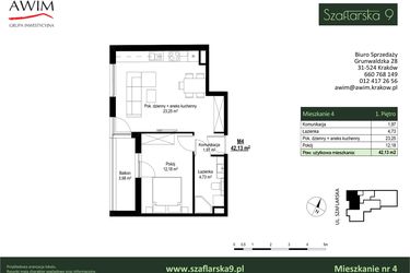 Rzut - Mieszkanie na sprzedaż 2 pokoje o powierzchni 42,13 m² - numer M4 w Szaflarska 9