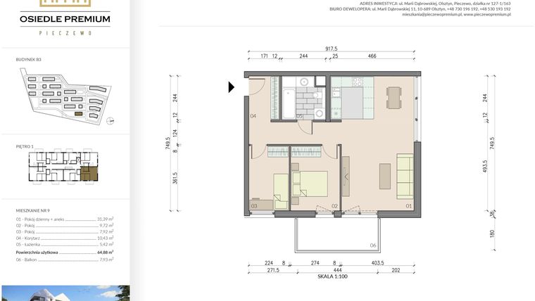 Rzut - Mieszkanie na sprzedaż 3 pokoje o powierzchni 64,88 m² - numer B3.9 w Osiedle Premium etap IV