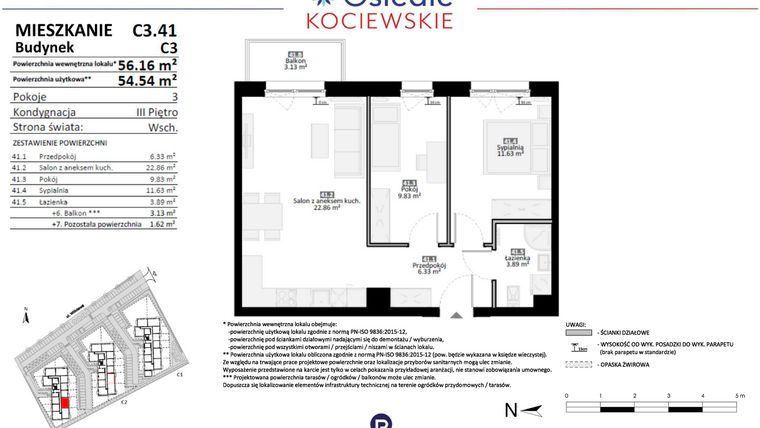 Rzut - Mieszkanie na sprzedaż 3 pokoje o powierzchni 54,54 m² - numer C3.41 w Osiedle Kociewskie etap III