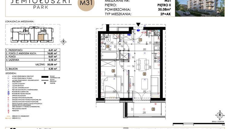 Rzut - Mieszkanie na sprzedaż 2 pokoje o powierzchni 35,08 m² - numer A2_M31 w Jemiołuszki Park etap 2