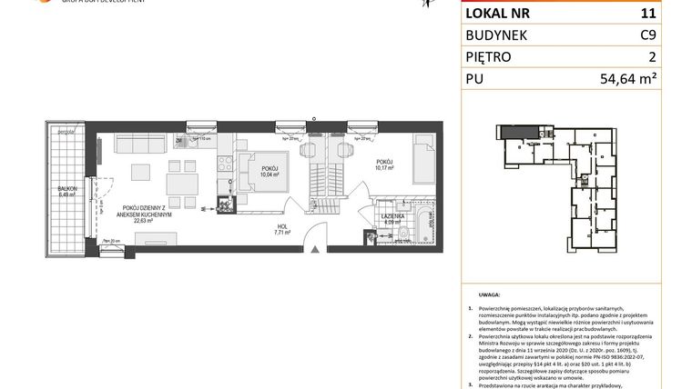 Rzut - Mieszkanie na sprzedaż 3 pokoje o powierzchni 54,64 m² - numer C9.11 w Konstelacja etap V