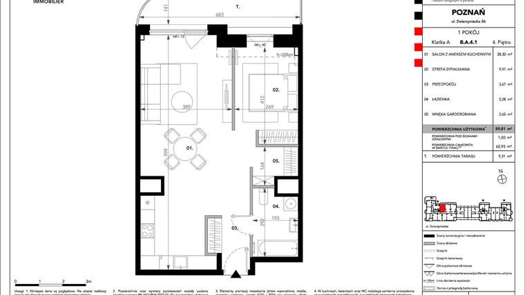 Rzut - Mieszkanie na sprzedaż 1 pokój o powierzchni 59,81 m² - numer B.A.4.1 w Zajezdnia