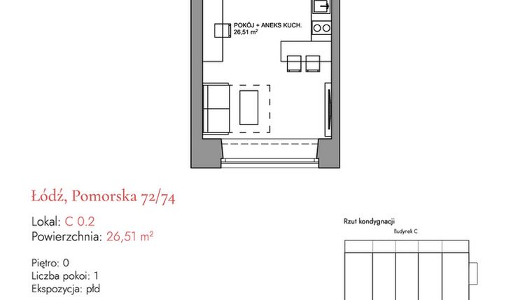 Rzut - Mieszkanie na sprzedaż 1 pokój o powierzchni 26,51 m² - numer C 0.2 w Melody Loft