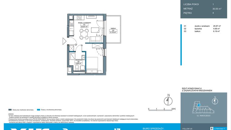 Rzut - Mieszkanie na sprzedaż 1 pokój o powierzchni 30,62 m² - numer A.4.13 w Rakoczego 17