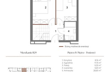 Rzut - Mieszkanie na sprzedaż 1 pokój o powierzchni 61,93 m² - numer B29 w Dąbrowskiego 9