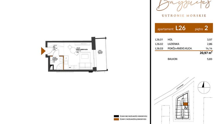 Rzut - Mieszkanie na sprzedaż 1 pokój o powierzchni 20,97 m² - numer AP.2.26 w Baysuites