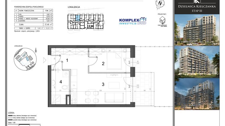 Rzut - Mieszkanie na sprzedaż 2 pokoje o powierzchni 37,48 m² - numer ZP4 w Dzielnica Kielczanka etap III