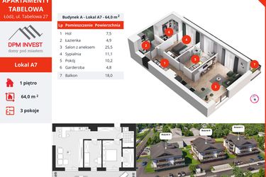Rzut - Mieszkanie na sprzedaż 3 pokoje o powierzchni 64 m² - numer A7 w Apartamenty Tabelowa
