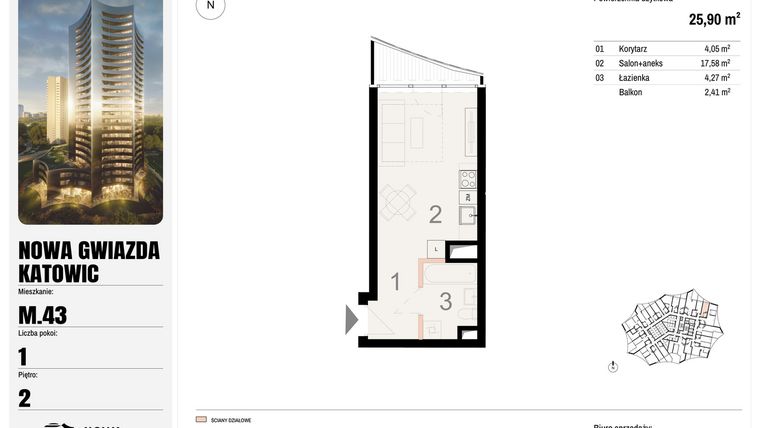 Rzut - Mieszkanie na sprzedaż 1 pokój o powierzchni 25,9 m² - numer M.43 w Nowa Gwiazda
