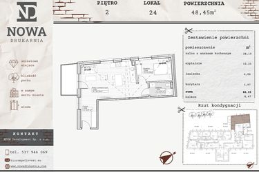 Rzut - Mieszkanie na sprzedaż 2 pokoje o powierzchni 48,45 m² - numer M24 w Nowa Drukarnia