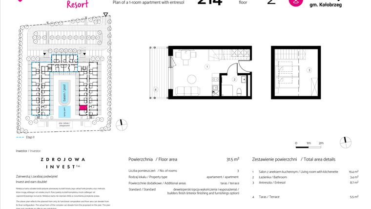 Rzut - Mieszkanie na sprzedaż 1 pokój o powierzchni 31,5 m² - numer 214 w VacationClub Resort