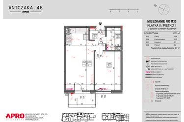 Rzut - Mieszkanie na sprzedaż 2 pokoje o powierzchni 41,7 m² - numer 35 w Antczaka 46