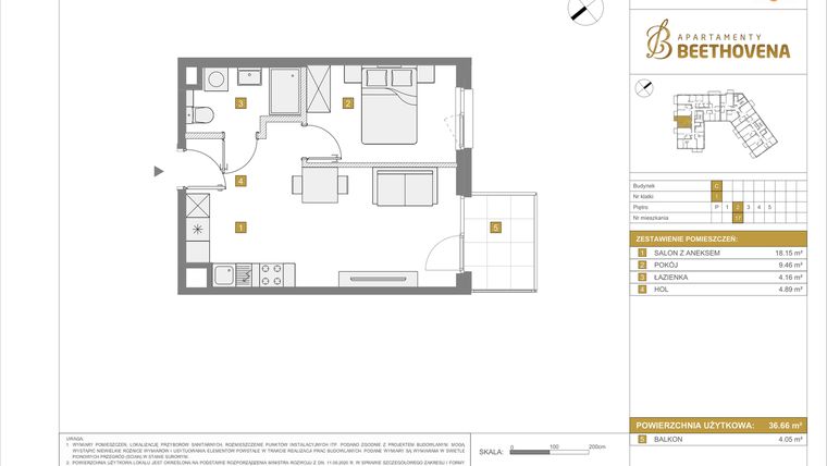 Rzut - Mieszkanie na sprzedaż 2 pokoje o powierzchni 36,66 m² - numer C17 w Apartamenty Beethovena etap 2