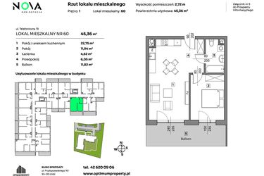 Rzut - Mieszkanie na sprzedaż 2 pokoje o powierzchni 45,36 m² - numer 60 w Nova Radiostacja
