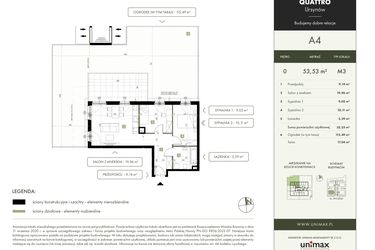 Rzut - Mieszkanie na sprzedaż 3 pokoje o powierzchni 53,53 m² - numer A4 w Quattro Ursynów