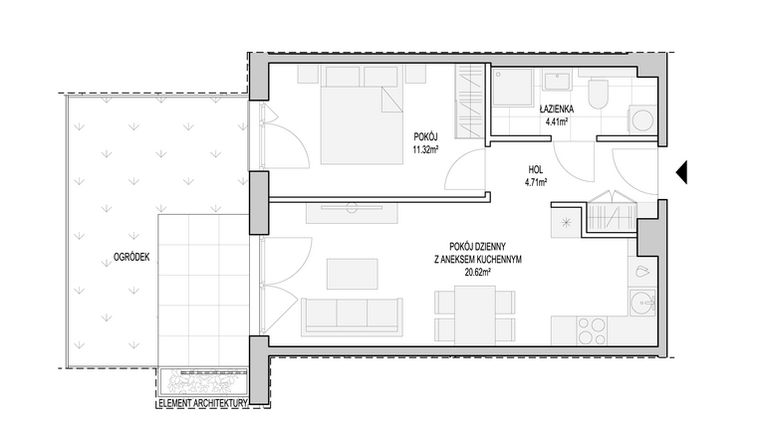 Rzut - Mieszkanie na sprzedaż 2 pokoje o powierzchni 42,59 m² - numer WO/T/13/10 w Wiszące Ogrody