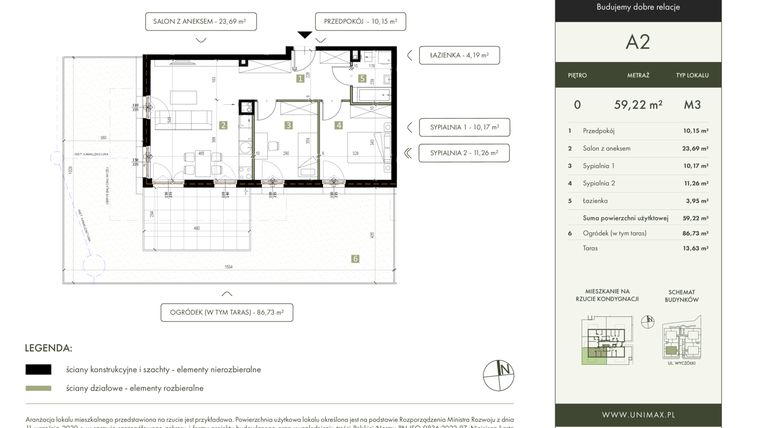 Rzut - Mieszkanie na sprzedaż 3 pokoje o powierzchni 59,22 m² - numer A2 w Quattro Ursynów