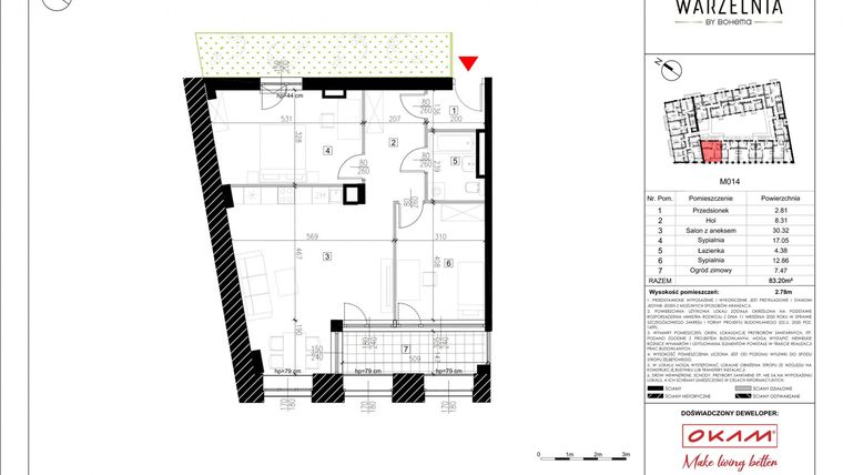 Rzut - Mieszkanie na sprzedaż 3 pokoje o powierzchni 76,69 m² - numer M014 w Warzelnia by Bohema