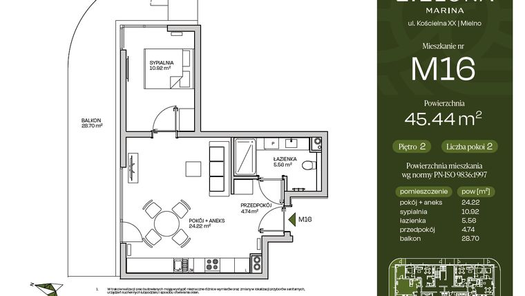 Rzut - Mieszkanie na sprzedaż 2 pokoje o powierzchni 45,44 m² - numer M16 w Zielona Marina - Apartamenty inwestycyjne