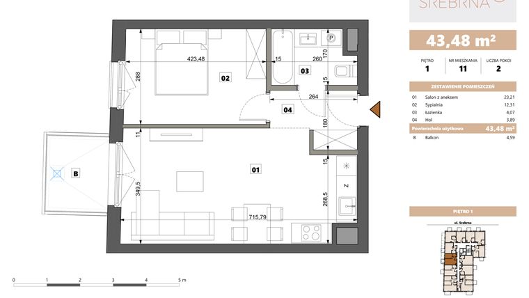 Rzut - Mieszkanie na sprzedaż 2 pokoje o powierzchni 43,48 m² - numer 11 w Srebrna 5