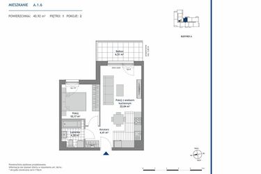 Rzut - Mieszkanie na sprzedaż 2 pokoje o powierzchni 40,92 m² - numer A.1.6 w Linea bud. A