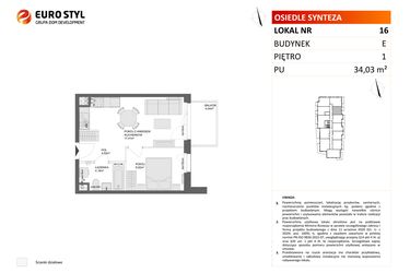 Rzut - Mieszkanie na sprzedaż 2 pokoje o powierzchni 34,03 m² - numer E.16 w Osiedle Synteza etap IV