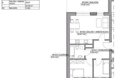 Rzut - Mieszkanie na sprzedaż 3 pokoje o powierzchni 53,29 m² - numer 15 w Kamienica Warszawska 34