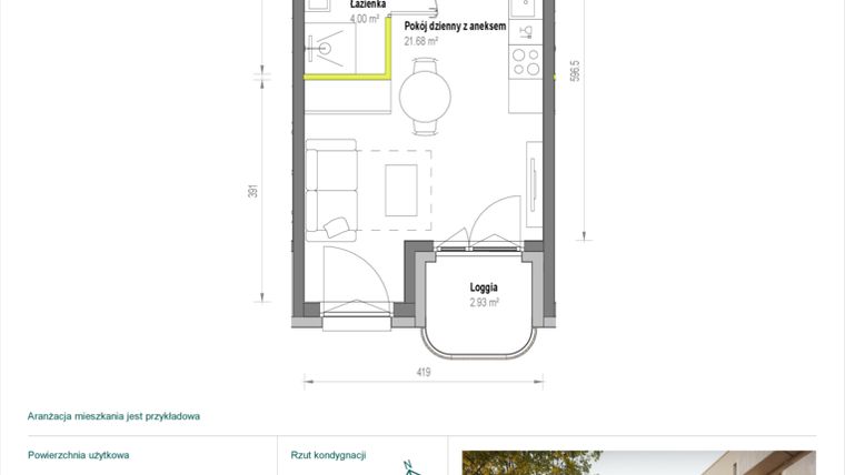 Rzut - Mieszkanie na sprzedaż 1 pokój o powierzchni 25,68 m² - numer A/2/59 w Skorosze Vita