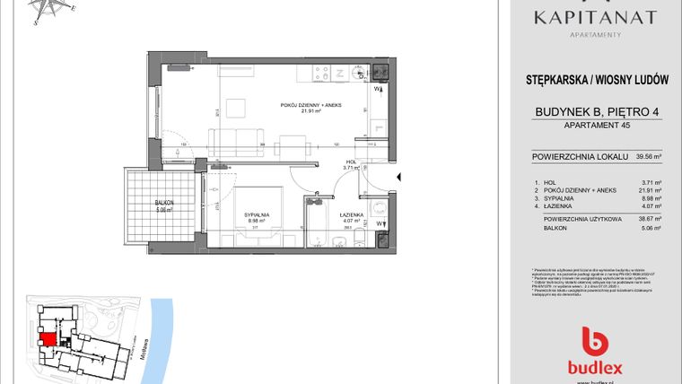 Rzut - Mieszkanie na sprzedaż 2 pokoje o powierzchni 39,56 m² - numer 45.B w Kapitanat Apartamenty