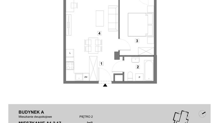 Rzut - Mieszkanie na sprzedaż 2 pokoje o powierzchni 46,98 m² - numer A1.2.17 w ATAL Grabiszyn
