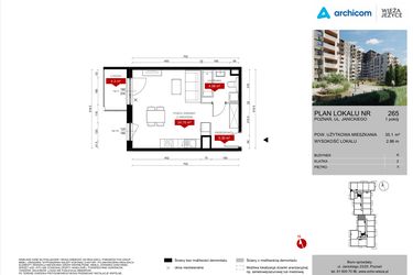 Rzut - Mieszkanie na sprzedaż 1 pokój o powierzchni 35,1 m² - numer K.265 w Wieża Jeżyce etap V
