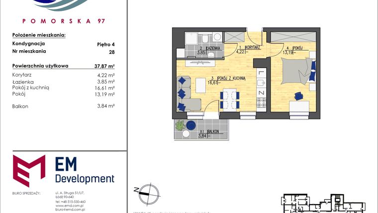 Rzut - Mieszkanie na sprzedaż 2 pokoje o powierzchni 37,87 m² - numer 28 w Pomorska 97