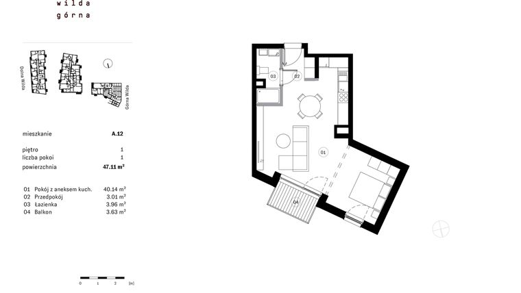 Rzut - Mieszkanie na sprzedaż 1 pokój o powierzchni 47,11 m² - numer A.12 w Dolna Górna Wilda