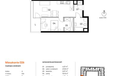 Rzut - Mieszkanie na sprzedaż 2 pokoje o powierzchni 45,52 m² - numer A.A026 w Miasto Polskich Mistrzów Olimpijskich II
