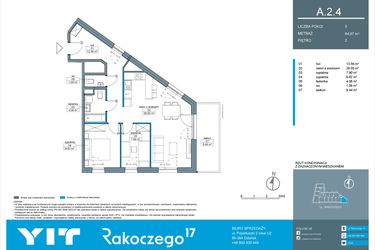 Rzut - Mieszkanie na sprzedaż 3 pokoje o powierzchni 64,97 m² - numer A.2.4 w Rakoczego 17