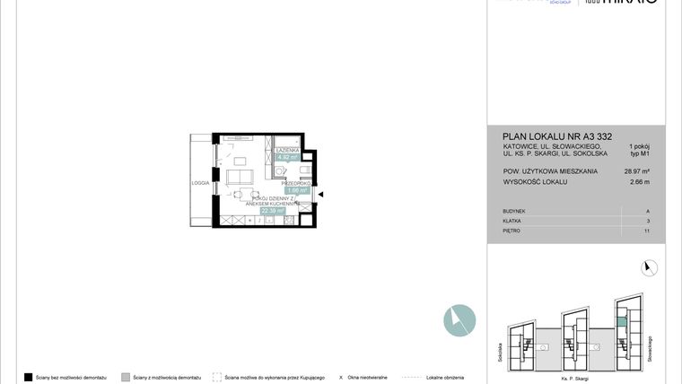 Rzut - Mieszkanie na sprzedaż 1 pokój o powierzchni 29 m² - numer A3 332 w Mikato