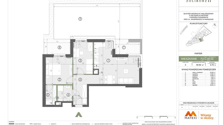 Rzut - Mieszkanie na sprzedaż 3 pokoje o powierzchni 64,93 m² - numer F2.C.00.02 w Sady Żoliborz II