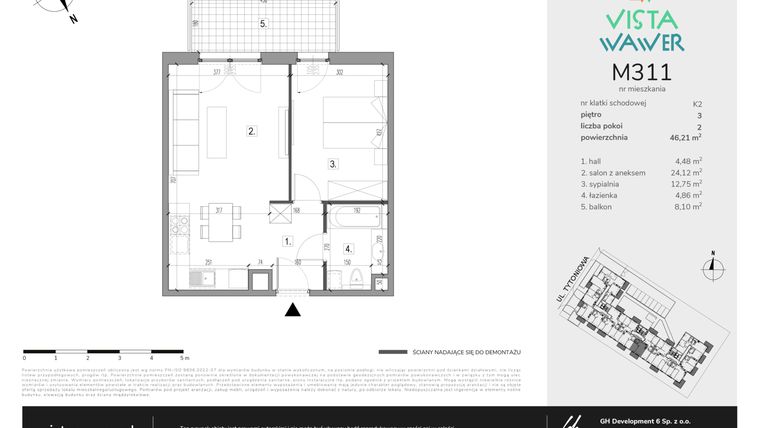 Rzut - Mieszkanie na sprzedaż 2 pokoje o powierzchni 46,21 m² - numer M311 w Vista Wawer