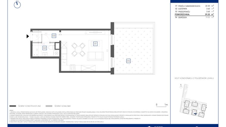 Rzut - Mieszkanie na sprzedaż 1 pokój o powierzchni 29,2 m² - numer 3.0.1 w Atria Nowe Żerniki