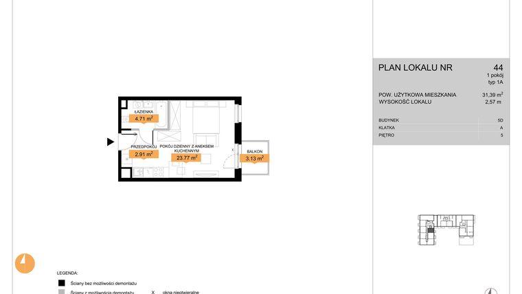 Rzut - Mieszkanie na sprzedaż 1 pokój o powierzchni 31,39 m² - numer 44 w Zenit V
