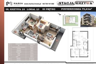 Rzut - Mieszkanie na sprzedaż 3 pokoje o powierzchni 75,83 m² - numer M13 w Stacja Krzywa