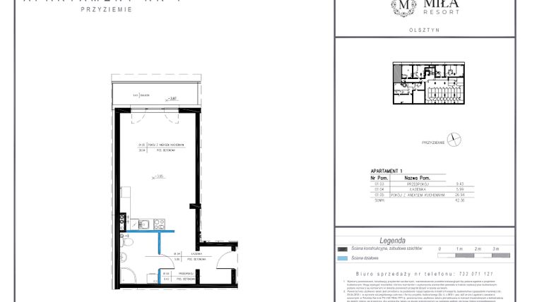 Rzut - Mieszkanie na sprzedaż 1 pokój o powierzchni 42,36 m² - numer 1 w Miła Resort