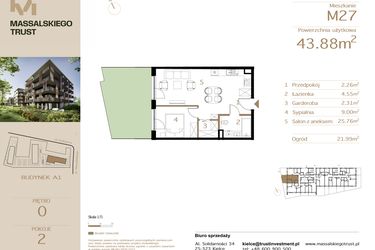 Rzut - Mieszkanie na sprzedaż 2 pokoje o powierzchni 43,88 m² - numer M27 w Massalskiego Trust