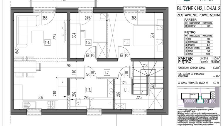 Rzut - Mieszkanie na sprzedaż 3 pokoje o powierzchni 57,66 m² - numer H2.2 w Spokojna Wólka etap V