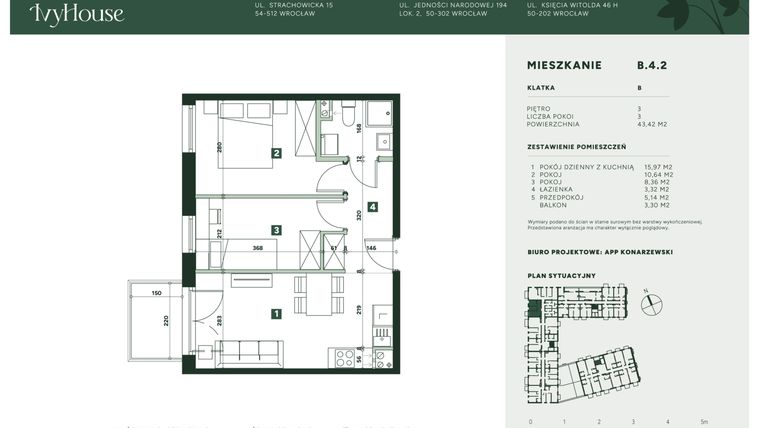 Rzut - Mieszkanie na sprzedaż 3 pokoje o powierzchni 43,42 m² - numer B.4.2 w IVY HOUSE