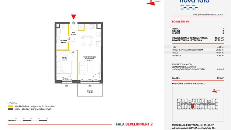 Rzut - Mieszkanie na sprzedaż 2 pokoje o powierzchni 41,21 m² - numer 64 w Miasteczko Nova Fala
