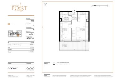 Rzut - Mieszkanie na sprzedaż 2 pokoje o powierzchni 49,82 m² - numer 9 w Warmiński Port etap III
