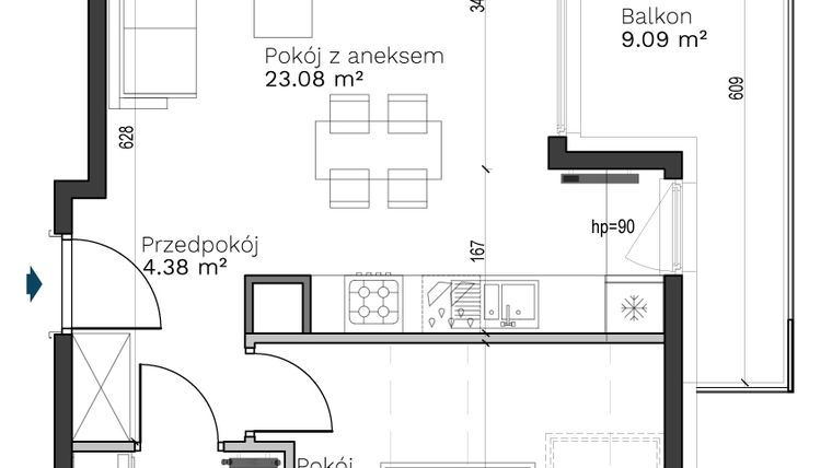 Rzut - Mieszkanie na sprzedaż 2 pokoje o powierzchni 40,56 m² - numer B-22 w Destino